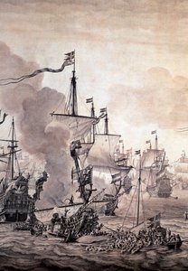 Slaget vid Öresund mellan den holländska och den svenska flottan, 8 november 1658. Detalj - Olje- och bläckmålning
