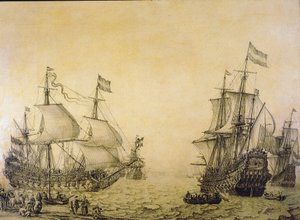 Det holländska fartyget "Oosterwijk", som lämnar stranden, beskrivs från två vinklar. Grisaille på trä av Willem van de the Elder Velde