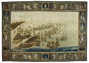 Mortlake-tapeten (London-distriktet, England) skildrar branden av "Royal James" under slaget vid Solebay, 28 maj