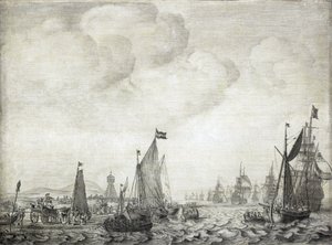 Handelsfartyg till Orienten och deras eskort, lämnar Vlie (eller Vliestroom), sjövägen mellan öarna Vlieland och Treschelling (Holland), 9 juni 1645 av Willem van de the Elder Velde