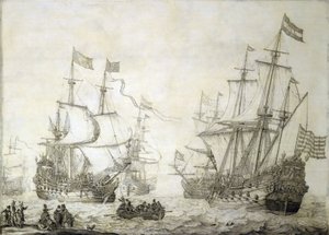 Två handelsfartyg från Nederländska Ostindiska Kompaniet lämnar kusten i lugna vindar. Grisaille på trä av Willem van de the Elder Velde