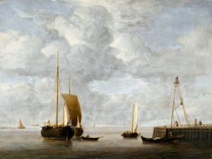 En holländsk Hoeker för ankar nära en pir ca 1665 (olja på pannå)