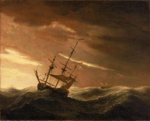 Ett engelskt skepp som ligger i storm, sent 1600-tal (olja på duk)