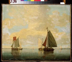 Segelbåtar. Målning av Willem van de Velde den yngre (1633-1707). Olja på duk, 24,5 x 32,5 cm, sent 1600-tal. Flamländsk konst, barockstil. Eremitagemuseet, Sankt Petersburg.