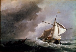 Holländskt fartyg som sänker segel och väntar på en livbåt Målning av Willem Van de Velde den unge (1633-1707) 1660 Sön. 23,2x33,2 cm London, National Gallery