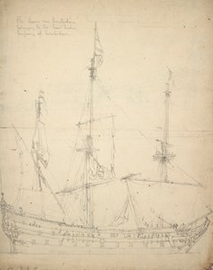 Porträtt av "Beurs van Amsterdam". Byggd 1654 som en indiefarare. 52 kanoner. Taget i staternas tjänst 1665. Återlämnad till rederiet 1666, c.1665 (offset)