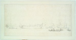 Sjösättning av ett engelskt fartyg, troligen "James Galley", ca 1676 (grafit  lavering, grå)