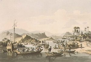 Cochin-Chinese Shipping on the River Taifo, tavla 15 från "A Voyage to Cochinchina" av John Barrow (1764-1848), graverad av Thomas Medland (1755-1823) 1806 (akvatint).