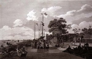 Utsikt över sjön Pao-Yng där den är skild från Canal Grande av en jordvall, graverad av William (1747-1810) och Elizabeth Ellis, pub. av G. Nicol av William (after) Alexander