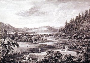 En vy från Ullswater mot Pooley Bridge, graverad av Chatelin och Cannot (gravyr) av William (after) Bellers
