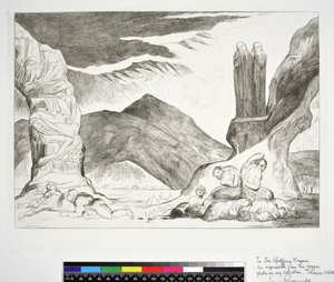 The Circle of the Falsifiers: Dante och Vergilius som täcker sina näsor på grund av stanken, Inferno, Canto XXIX, illustration till "Den gudomliga komedin" av Dante Alighieri av William (after) Blake
