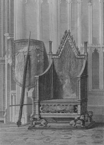 De engelska suveränernas kröningsstol, med Edward den tredjes sköld och statssvärd, Westminster Abbey (gravyr) av William (after) Capon