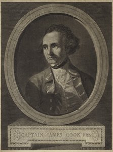Porträtt av kapten James Cook (gravyr) av William (after) Hodges