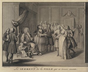 En kvinna som svär ett barn till en gravmedborgare (gravyr) av William (after) Hogarth