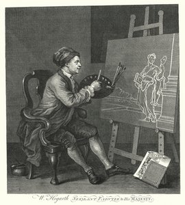 Självporträtt av den engelske konstnären William Hogarth (gravyr)