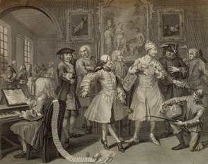 Tom Rakewell omgiven av konstnärer och professorer, plåt II från The Rake