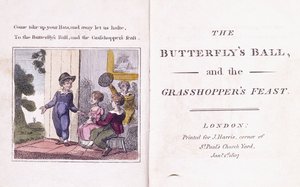 Illustrerad frontispice från barnboken "Fjärilsbollen och gräshoppans kalas" av William Roscoe (1753-1831)