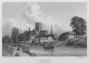 Hereford, från floden (gravyr) av William (after) Westall
