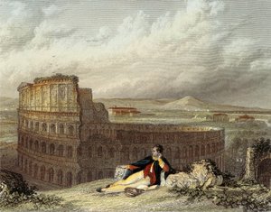 Lord Byron överväger Colosseum (färgad gravyr)