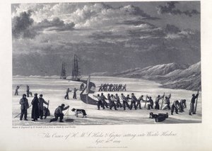 Besättningen på H.M.S. Hecla och Griper skär in i vinterhamnen, 26 september 1819, illustration från 