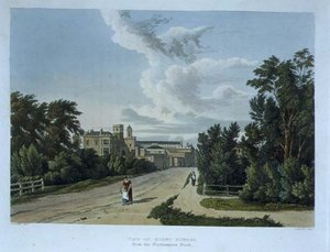 Vy över Rugby School från Northampton Road, från "History of Rugby School", en del av "History of the Colleges", ingraverat av Daniel Havell (1785-1826) pub. av R. Ackermann av William (after) Westall