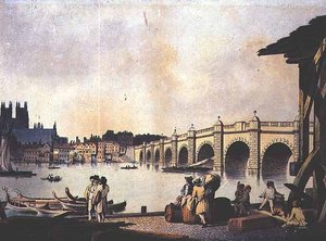 Westminster Bridge (litho) av William (attr. to) Marlow