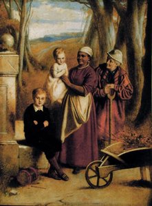 Två barn, sjuksköterska och gammal man (olja på panel) av William (attr. to) Mulready