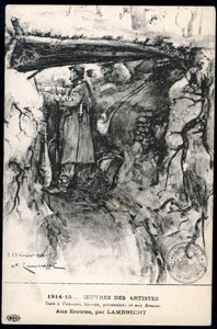 Första världskriget - krig 14-18 (1914-1918) - Första världskriget (WWI eller WW1): Frankrike, patriotisk karta som visar en teckning av en soldat i en skyttegrav som tittar på frontlinjen, med titeln: "lyssnar" av William Adolphe Lambrecht