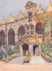 Entré till Oriel College Hall, med statyer av jungfrun och barnet, Edward II, den nominella grundaren av colleget, och Charles I, under vars regeringstid hallen byggdes (färglitografi)