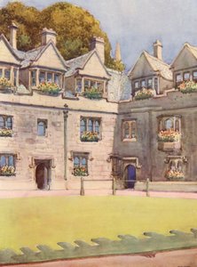 Framsidan av Brasenose College, i bakgrunden syns den berömda hästkastanjen som kallas Hebers träd (färglitografi)