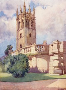 Magdalen Tower från Botaniska trädgården (färglitografi)
