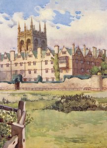 Merton College, där drottning Henrietta Maria var inkvarterad under inbördeskriget, med en bastion av den gamla stadsmuren (färglitografi)