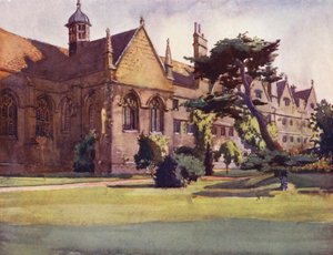 Wadham Colleges trädgård (färglitografi) av William Ainsworth Wildman