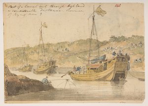 143’ En del av en kanal skar genom högt land en ansenlig sträcka. Provinsen Kyangnan.”  , från ett album med 372 teckningar av landskap, kustlinjer, kostymer och vardagsliv gjorda under Lord Macartneys ambassad till kejsaren av Kina, mellan 1792 och av William Alexander