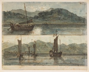 146v flodscen. "Månsken 17 nov."  , från ett album med 372 teckningar av landskap, kustlinjer, kostymer och vardagsliv gjorda under Lord Macartneys ambassad till Kinas kejsare, mellan 1792 och 1794 (penna och akvarell på papper) av William Alexander