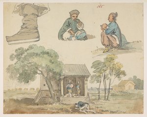 165 Figurstudier och helgedom.  , från ett album med 372 teckningar av landskap, kustlinjer, kostymer och vardagsliv gjorda under Lord Macartneys ambassad till Kinas kejsare, mellan 1792 och 1794 (penna och akvarell på papper) av William Alexander