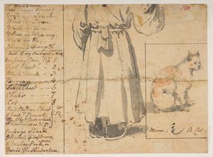 180 Katt, figur och lista över Alexanders bagage., från ett album med 372 teckningar av landskap, kustlinjer, kostymer och vardagsliv gjorda under Lord Macartneys ambassad till kejsaren av Kina, mellan 1792 och 1794 (penna och akvarell på papper) av William Alexander