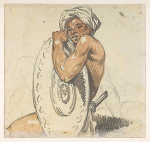 29v Ung man med sköld.  från ett album med 372 teckningar av landskap, kustlinjer, kostymer och vardagsliv gjorda under Lord Macartneys ambassad till Kinas kejsare, mellan 1792 och 1794 (penna och akvarell på papper) av William Alexander