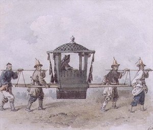 Kinesiska tjänare som bär en Palanquin (akvarell)