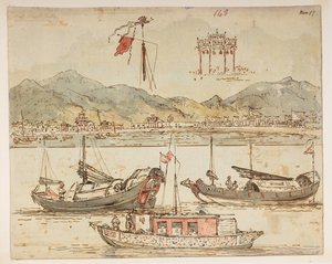 f.59 148 Båtar och triumfbågar.  , från ett album med 372 teckningar av landskap, kustlinjer, kostymer och vardagsliv gjorda under Lord Macartneys ambassad till Kinas kejsare, mellan 1792 och 1794 (penna och akvarell på papper) av William Alexander