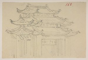 f.63 168 Tempel.  , från ett album med 372 teckningar av landskap, kustlinjer, kostymer och vardagsliv gjorda under Lord Macartneys ambassad till Kinas kejsare, mellan 1792 och 1794 (penna och akvarell på papper) av William Alexander