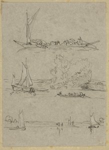 Tre skisser av Dusseldorf River Boats av William Alfred Delamotte
