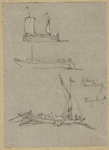Tre skisser av Dusseldorf River Boats av William Alfred Delamotte