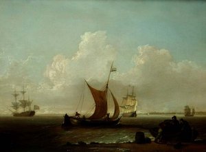 Holländsk sjöfart utanför Hollands kust med fiskare som lastar en båt från land av William Anderson