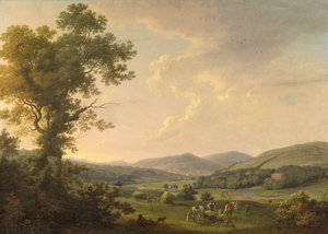 Landskap med hömakare och en avlägsen vy av ett georgiskt hus, ca 1780 (olja på duk)