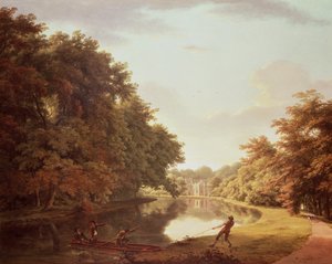 Punt på floden Clodiagh vid Charleville Forest, Offaly med Castellated Farm och Gothick Dairy bortom, ca 1810