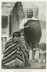 Tre generationer maori. Gravyr av Barbotin, för att illustrera berättelsen Voyage to New Zealand, 1889, av G. Verschuur, i The Round the World 1890, regisserad av Edouard Charton (1807-1890), Hachette, Paris. av William Barbotin