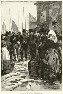 En fiskförsäljning på Whitby (gravyr) av William Barnes (after) Wollen