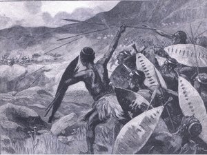 Fighting in the Matopos Hills: charge of the Matabele, illustration från Cassells History of England, 1900-talet av William Barnes Wollen