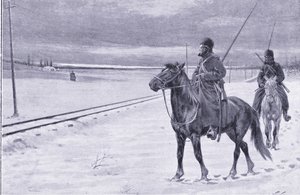 Vaktar järnvägen nära Mukden, illustration från Cassells History of the Russian-Japanese War Vol 1, c.1900 av William Barnes Wollen